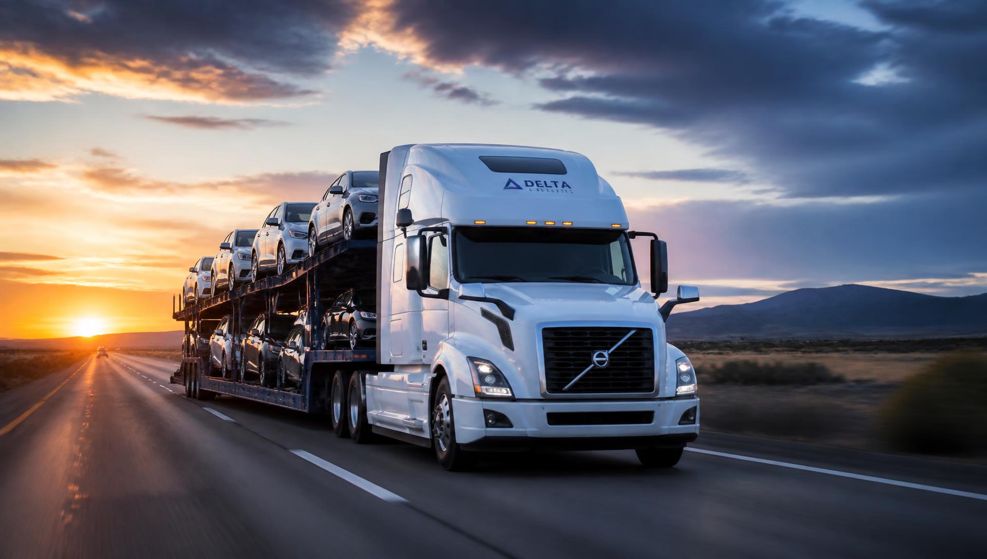 Semi-truck hauling cars on a US interstate highway at sunset